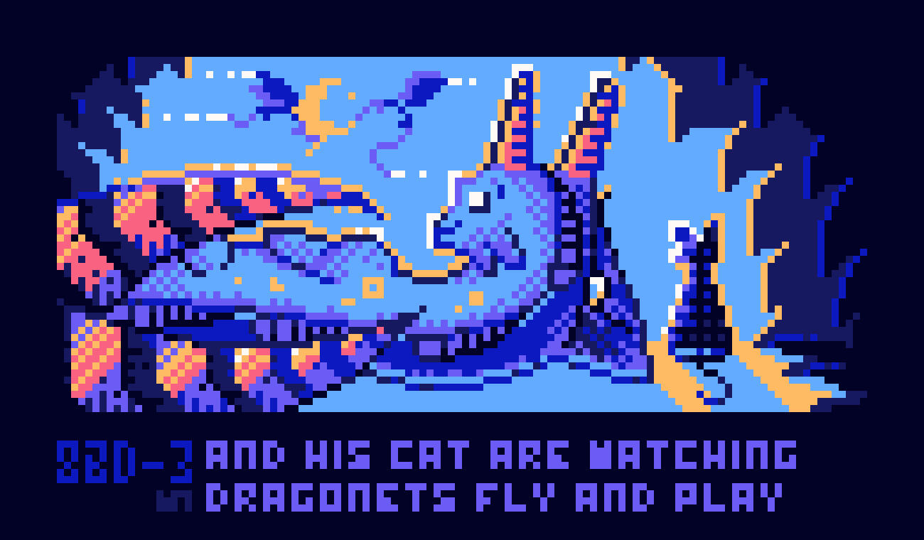#8BitDrake no.3 and his cat watching dragonets fly and play. #8BitDrake no.3 and his cat watching dragonets fly and play.